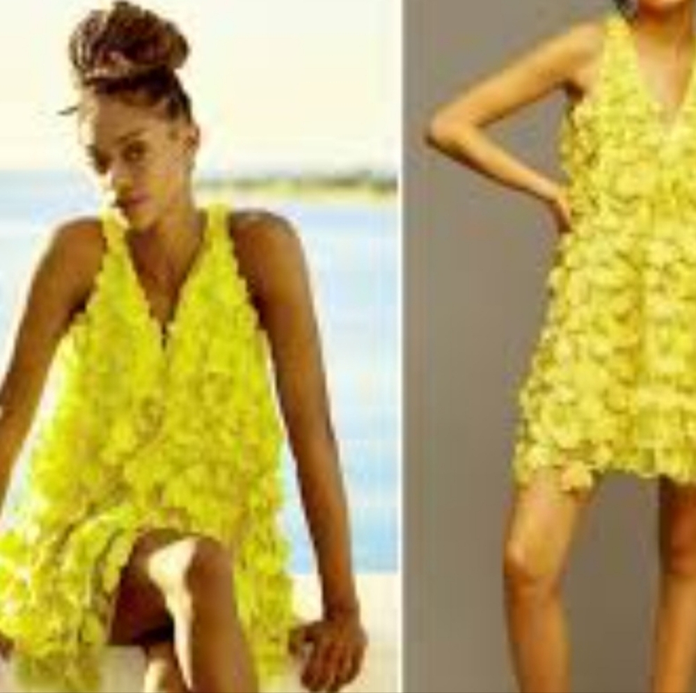 ANTHROPOLOGY Maeve  FLOATY Sunny Lemon Lime Appliqued MINI Dress. Size M  EUC! - Picture 2 of 13